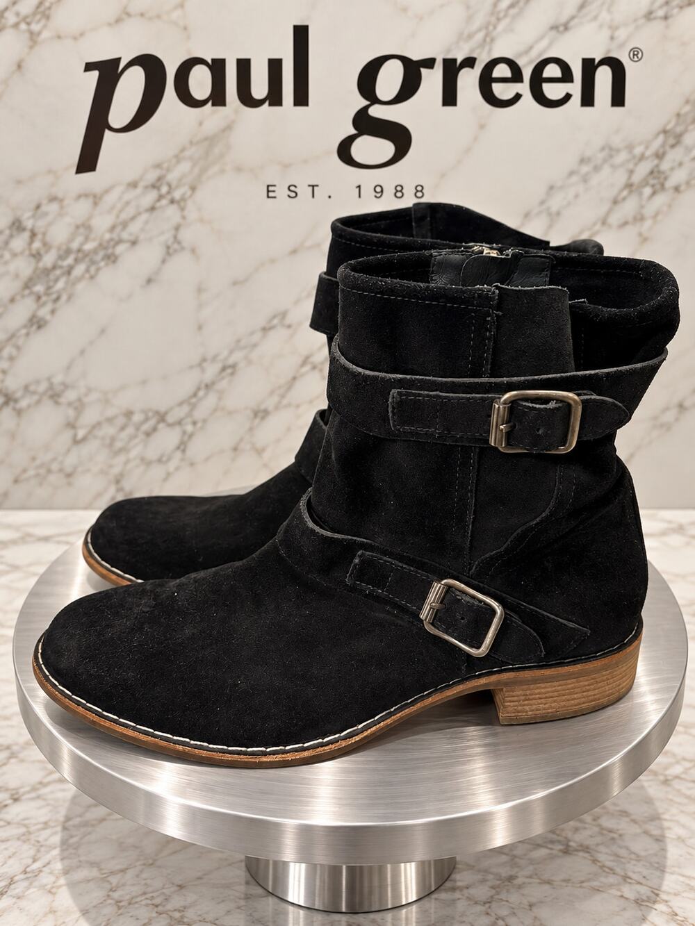Paul Green Black Suede Double Buckle Moto Ankle Boots UK 3 US 5.5